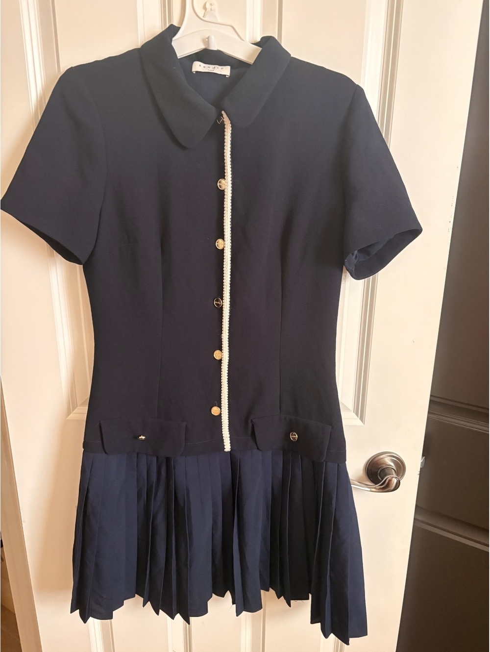 Sandro Paris Black Pleated Dress Gold Buttons Parisian Chic Size M